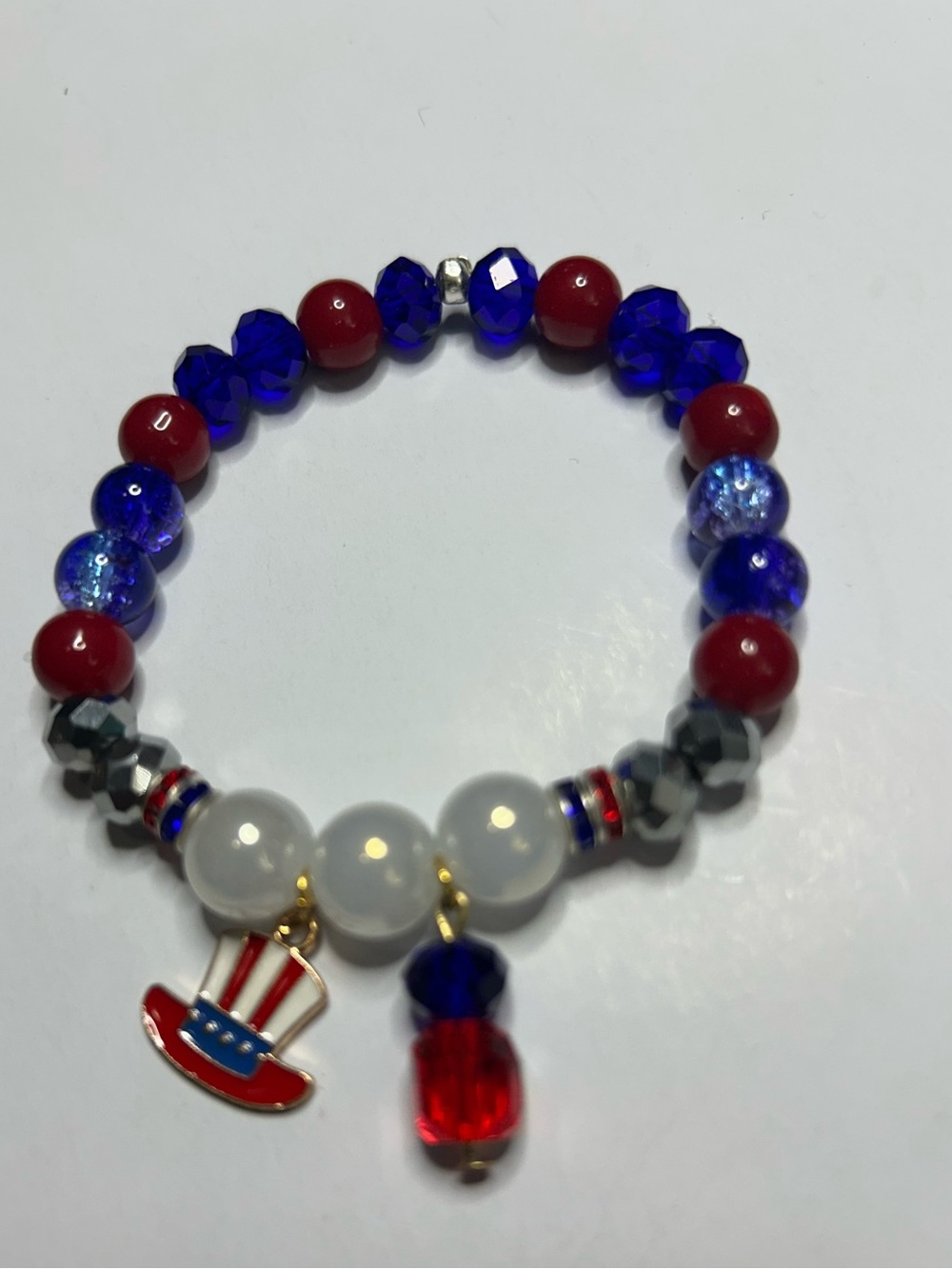 Kids Red & Blue Beaded Charm Bracelet with Patriotic Hat